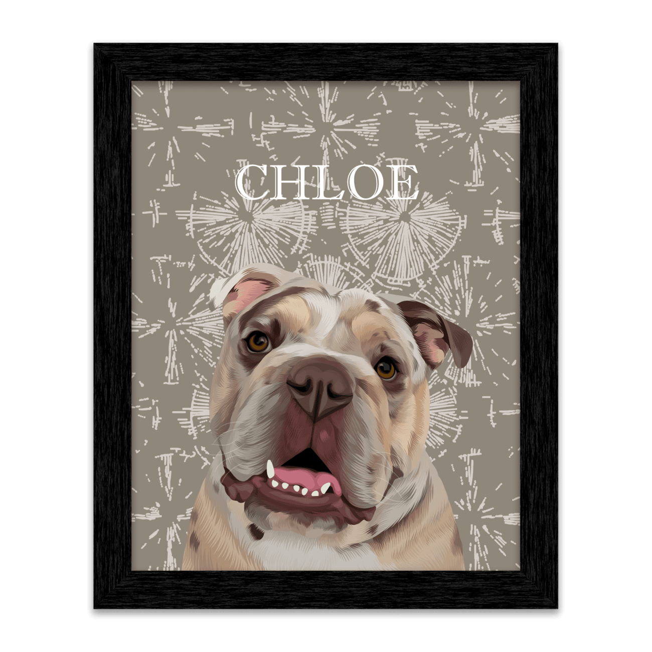 Boho themed pet portrait of a bulldog named Chloe, hand-illustrated with a modern dandelion-inspired background and black frame.