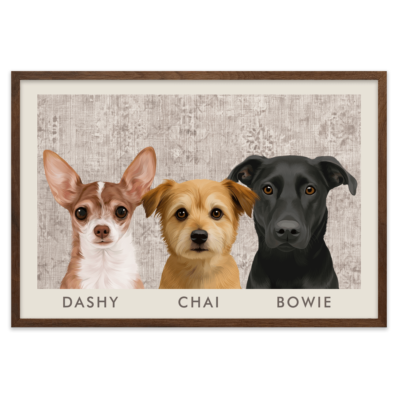 Warm rustic Vintage Distressed Textile Pattern Pet Portrait featuring three custom illustrated pets and timeless linen inspired textures in a walnut wood frame