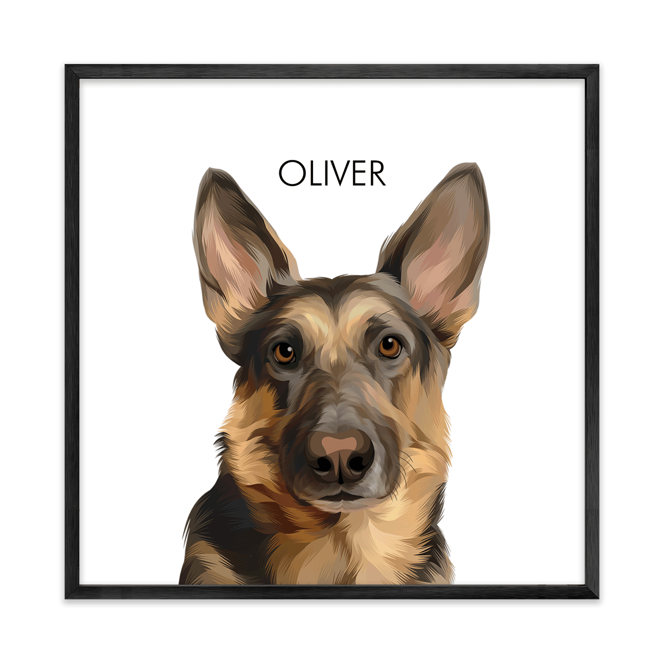 A sleek square German Shepherd pet portrait displayed in a metal frame with minimalist gallery inspired presentation.