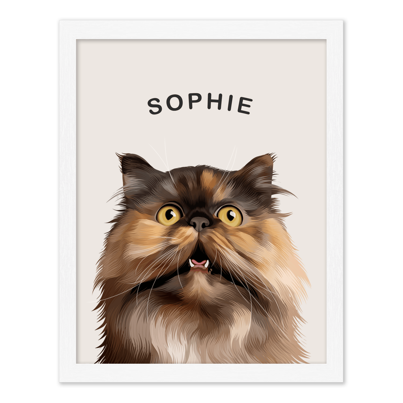 A standard white frame highlights this cat portrait of Sophie with soft fur and a curious expression, a Personalized Modern Minimalist Pet Portrait for modern spaces.