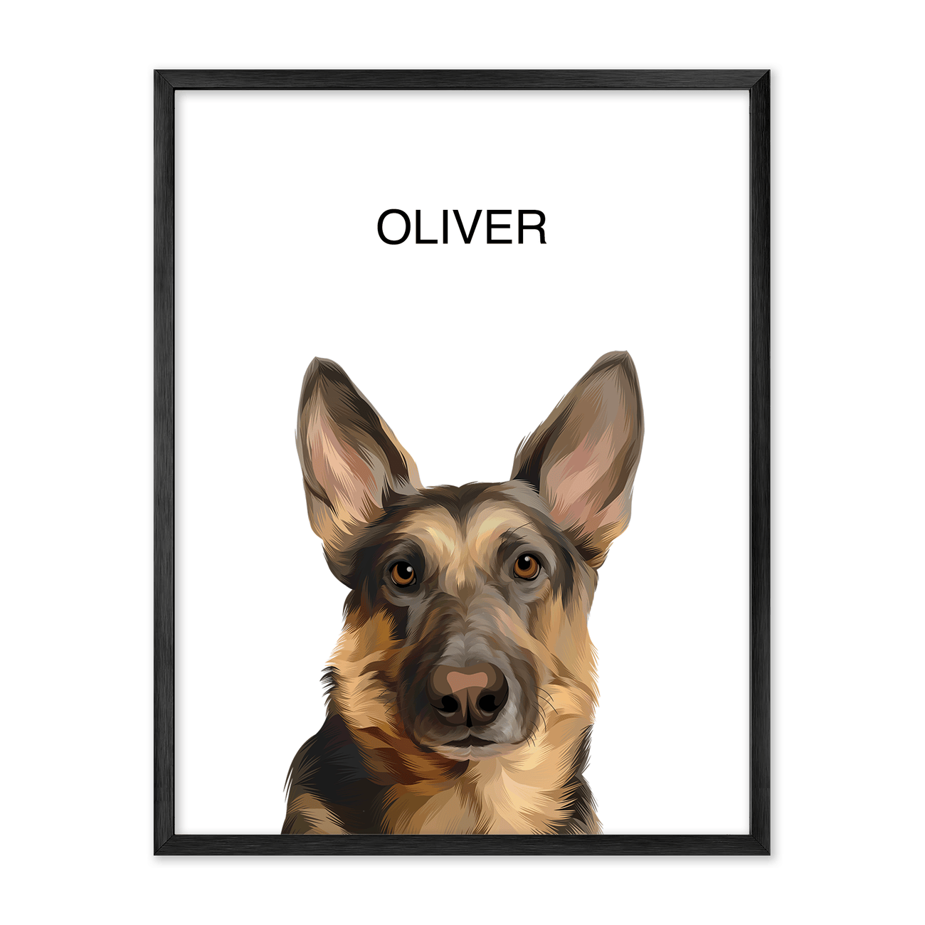 Modern vertical pet portrait of Oliver the German Shepherd, finished with a minimalist metal frame for sleek sophistication.