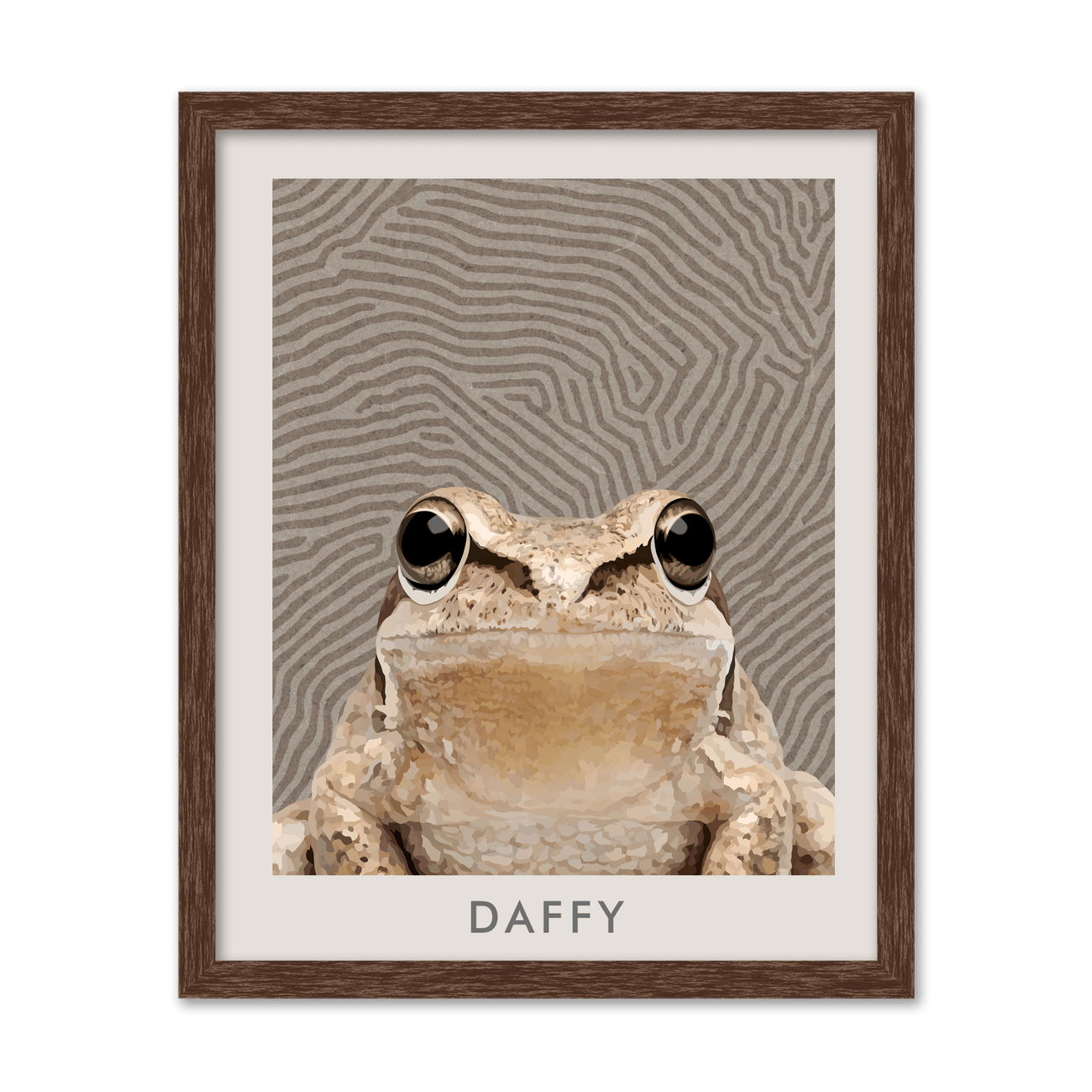 This vertical Organic Terrain Lines Minimalist Pet Portrait in a walnut frame features a detailed frog against flowing terrain lines, adding warmth and texture to any space.