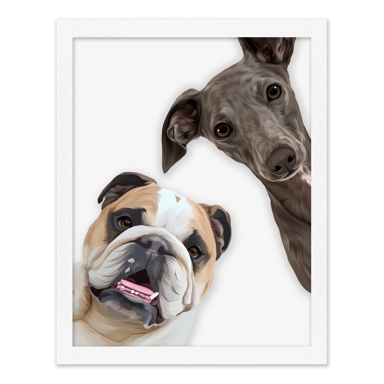 A playful peekaboo pet portrait featuring two adorable dogs in a fun modern illustration style displayed in a standard white frame.