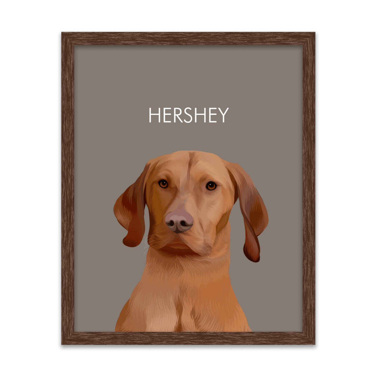 Framed pet portrait artwork of a Vizsla dog named Hershey on a neutral beige colored background, framed in a dark walnut frame.