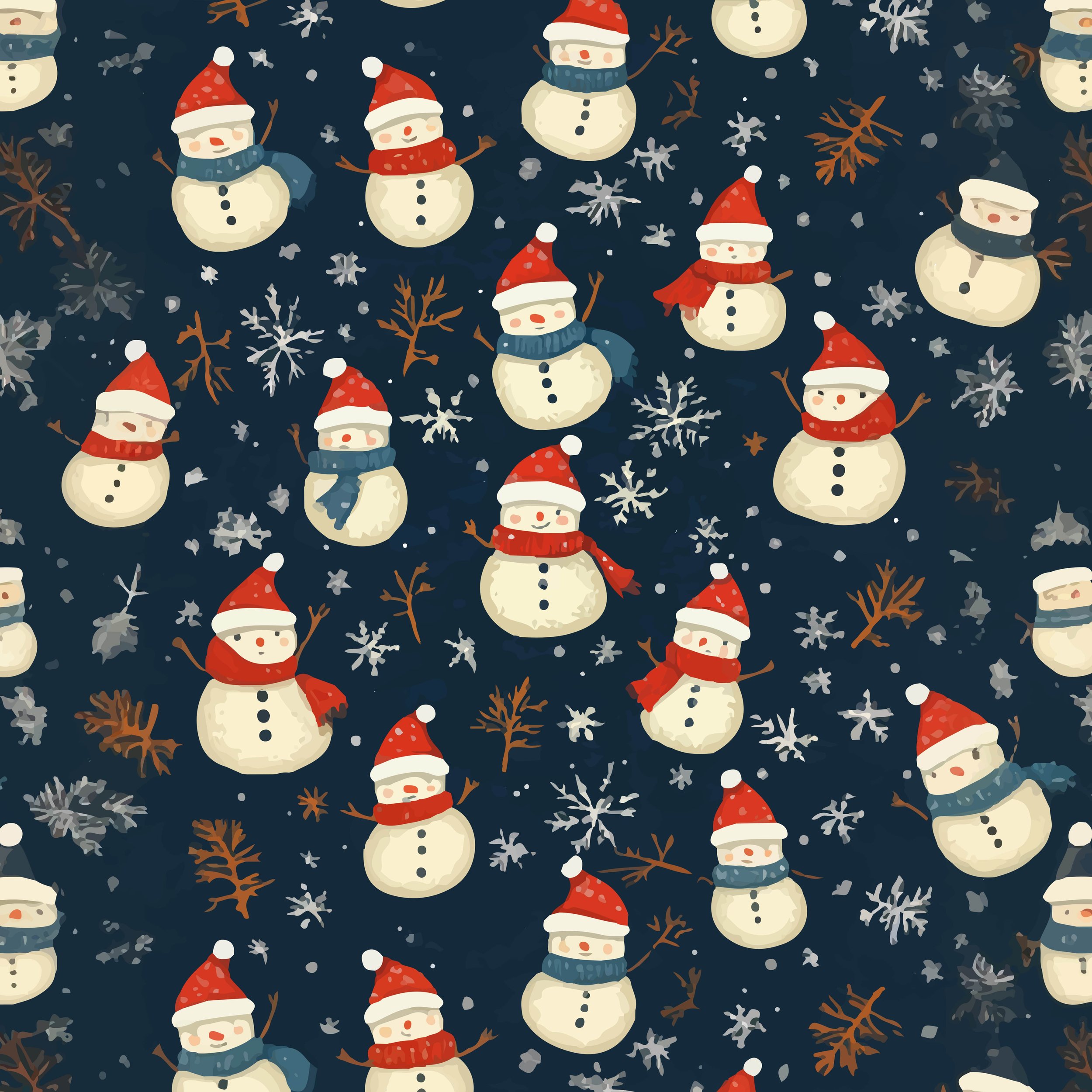 Festive Christmas pattern featuring cheerful snowmen wearing red hats and scarves, surrounded by snowflakes and branches on a navy background.