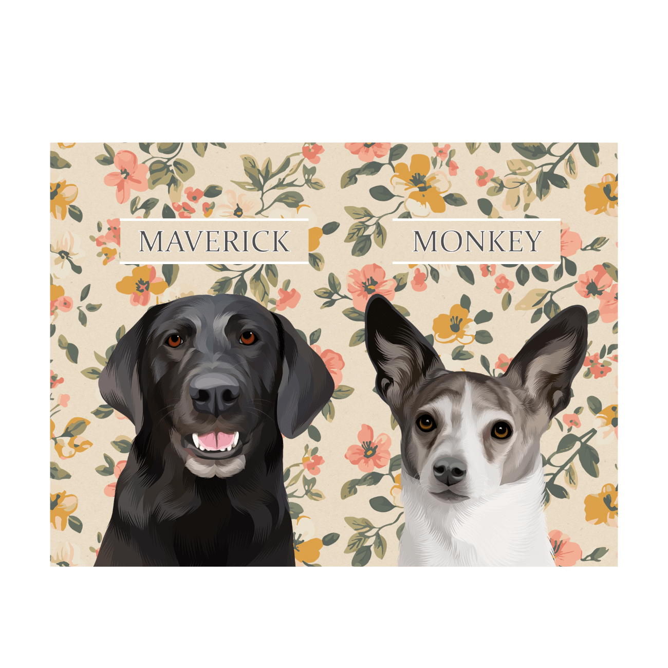 Vintage-style custom pet portrait of a black dog named Maverick and a white dog named Monkey, printed on enhanced matte paper.