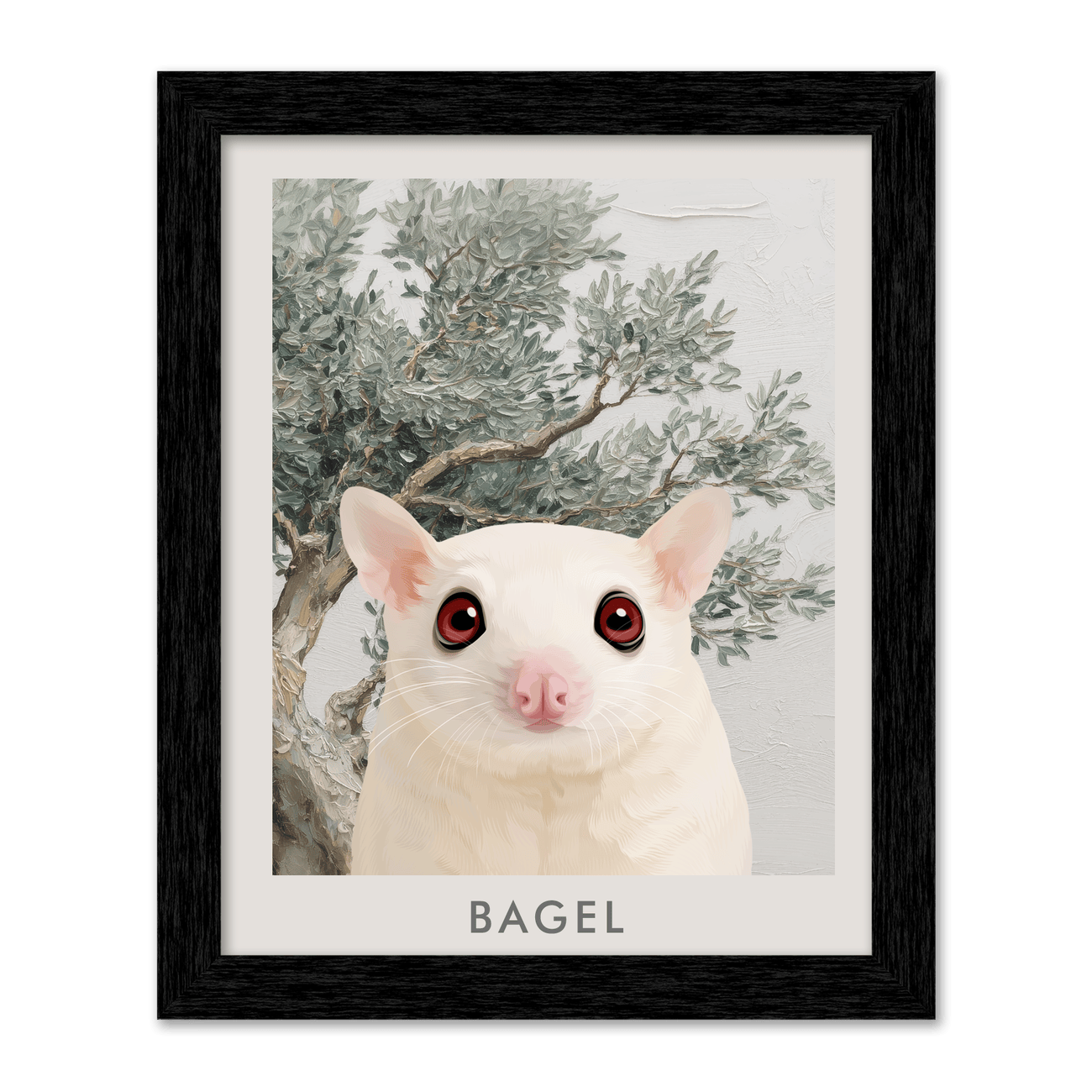 Vertical custom pet portrait from your pet with Mediterranean olive tree background in a black frame with deep contrast and gallery detail.