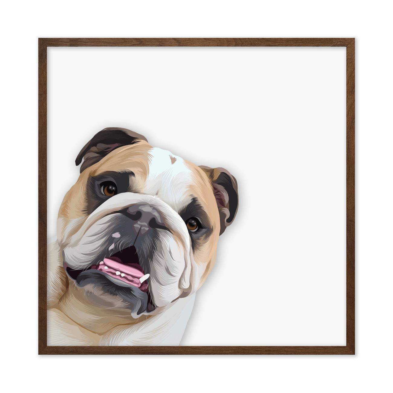 This square Bulldog artwork features a playful peekaboo composition with whimsical illustrated styling in a walnut frame.