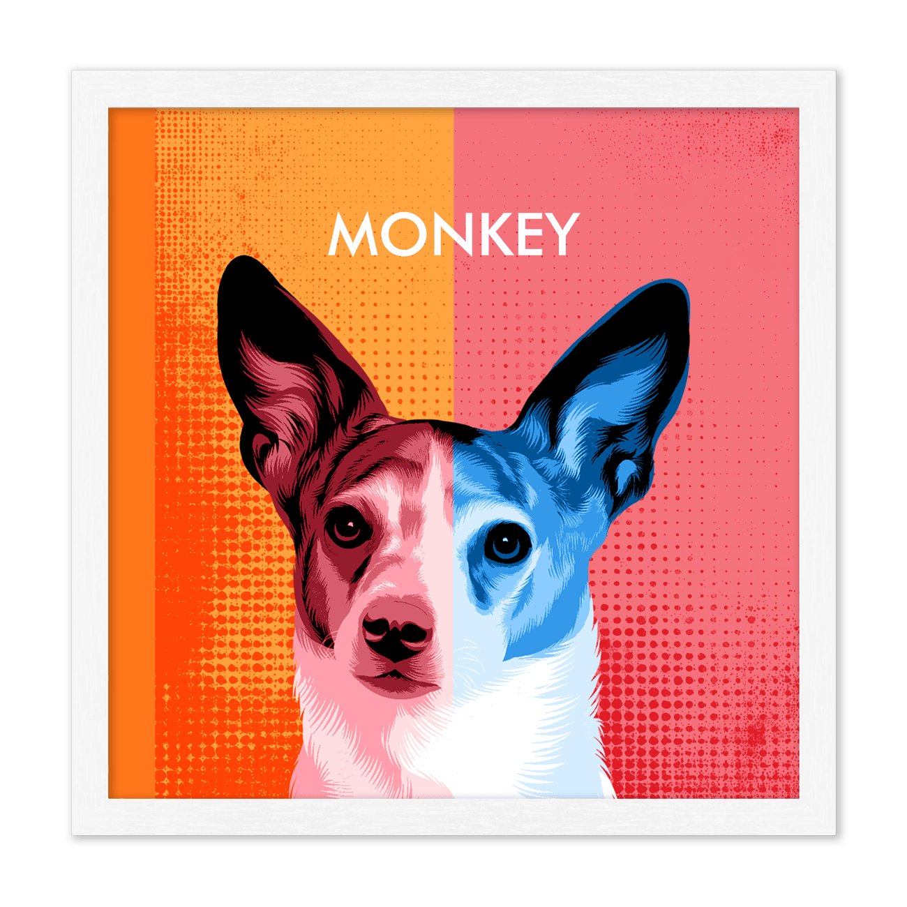A playful modern pop art pet portrait with bold two toned artwork and vibrant retro inspired colors, beautifully displayed in a clean standard white frame.