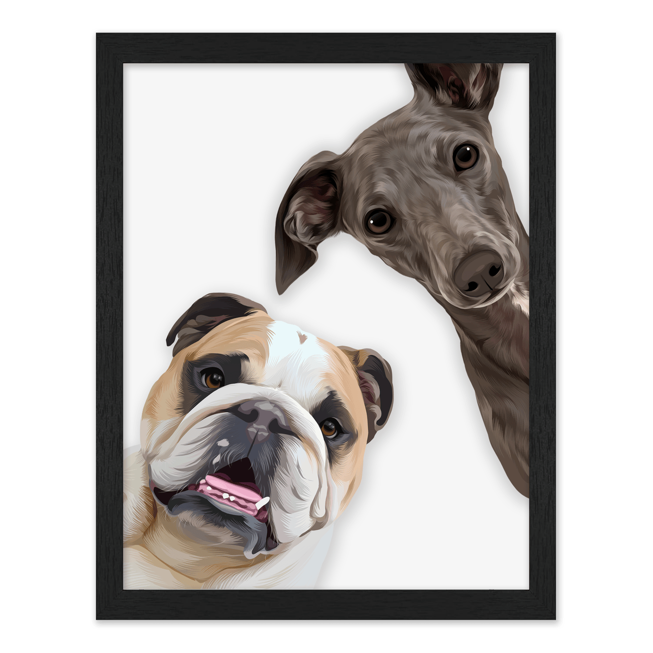 This playful peekaboo custom dog portrait highlights two pets with curious expressions in a contemporary illustrated design with a standard black frame.
