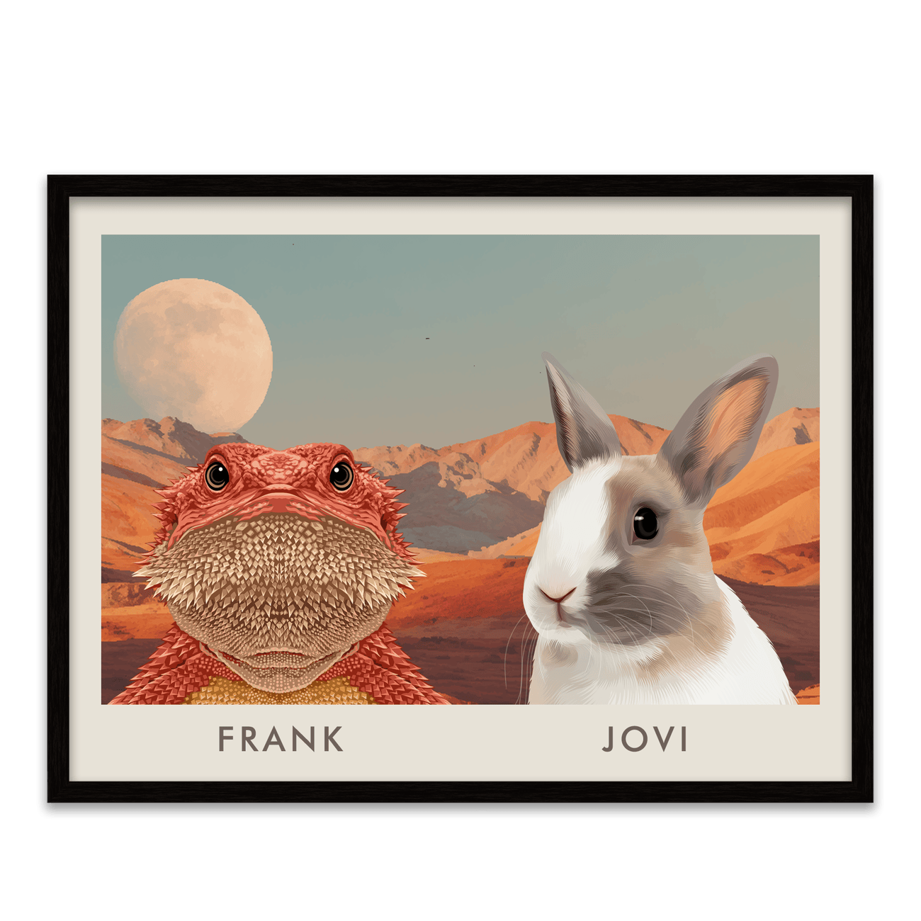 Horizontal desert moon pet portrait of bearded dragon Frank and rabbit Jovi with warm canyon landscape in a metal frame.