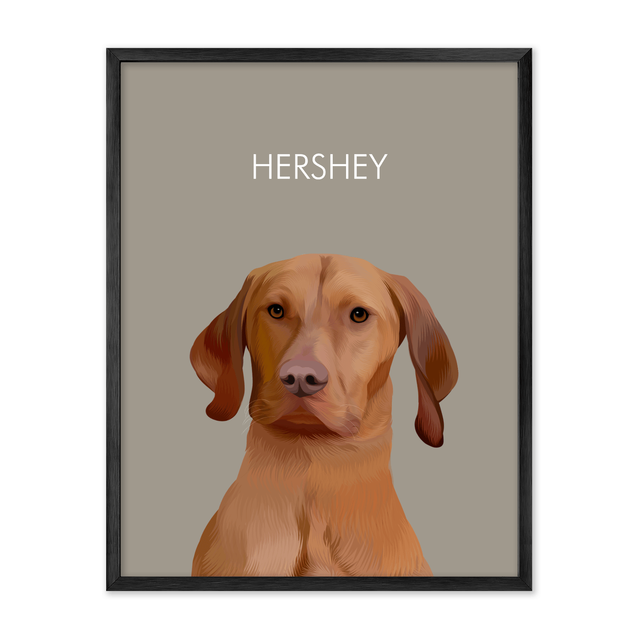 Framed pet portrait artwork of a Vizsla dog named Hershey on a neutral beige colored background, framed in a metal frame.
