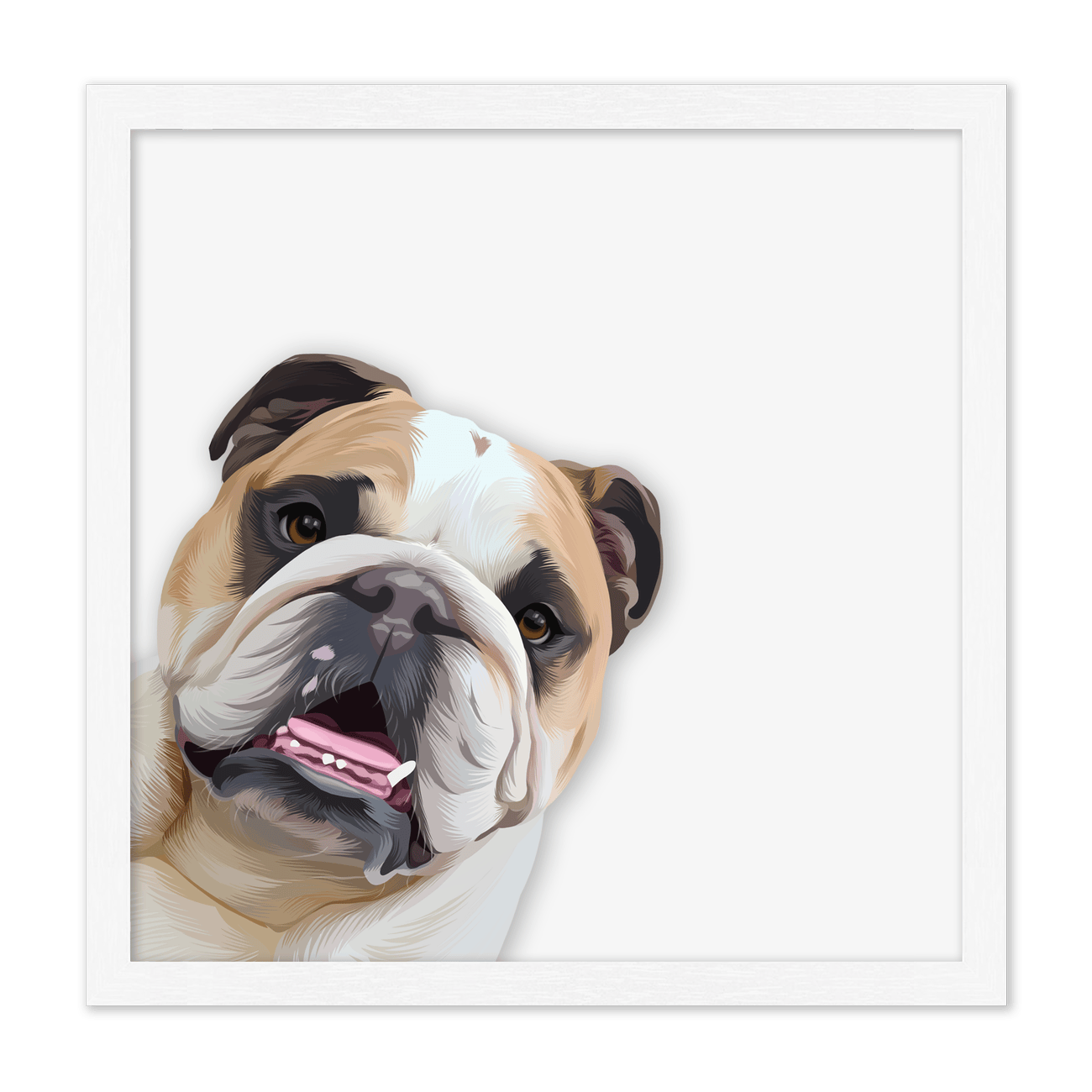 This playful peekaboo custom pet portrait captures a happy Bulldog in a fun illustrated style with a clean modern composition and standard white frame.