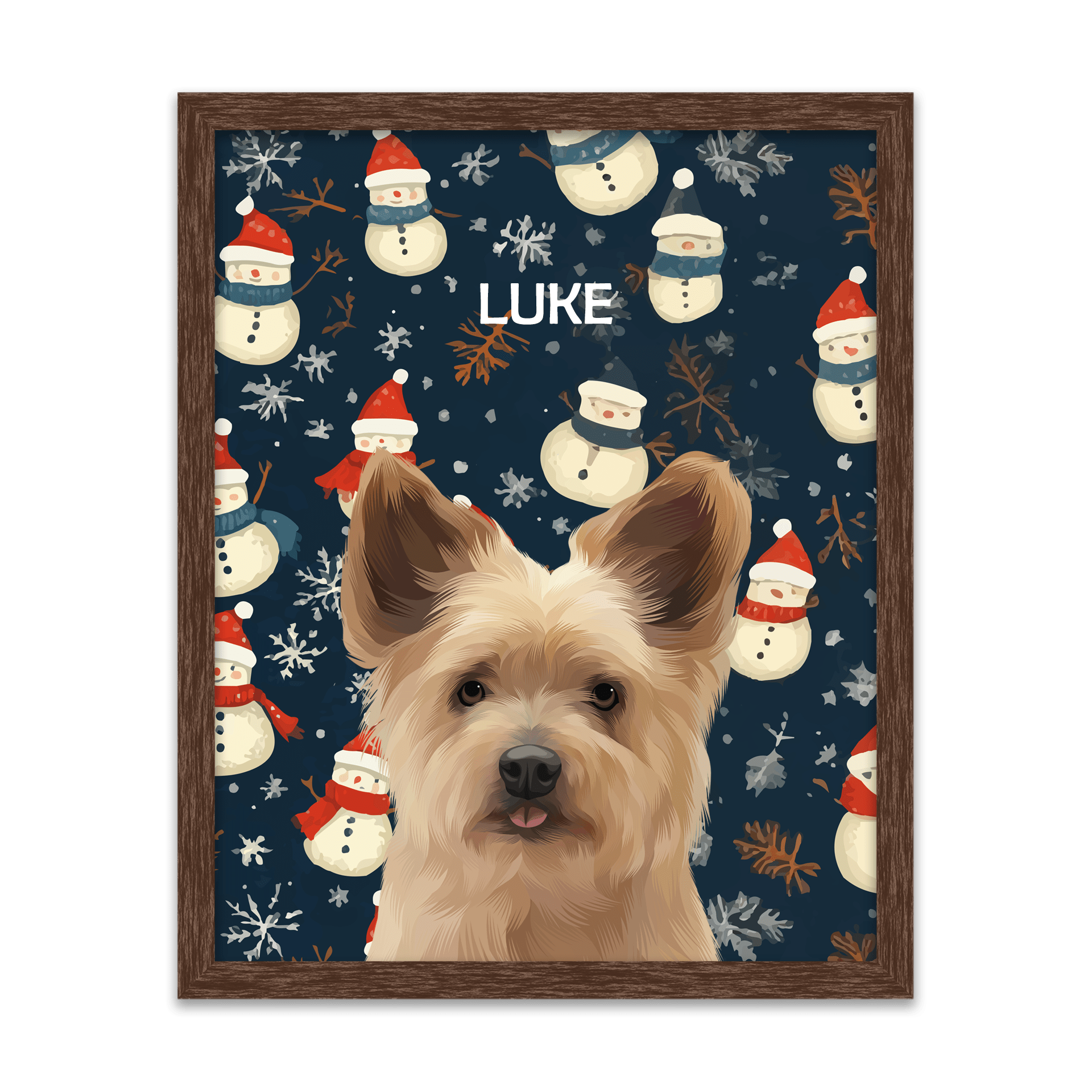 Custom winter pet portrait of a small brown dog named Luke, illustrated with a playful snowman and snowflake pattern background, framed in a walnut frame.