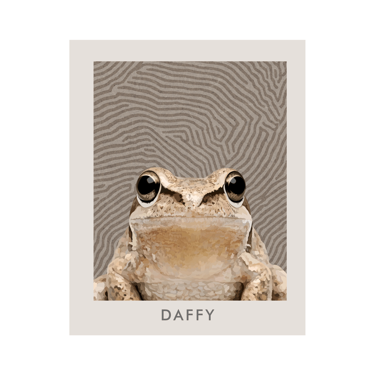 Clean and minimal, this vertical print only Organic Terrain Lines Minimalist Pet Portrait showcases a frog illustration over neutral contour lines for a simple, modern display.