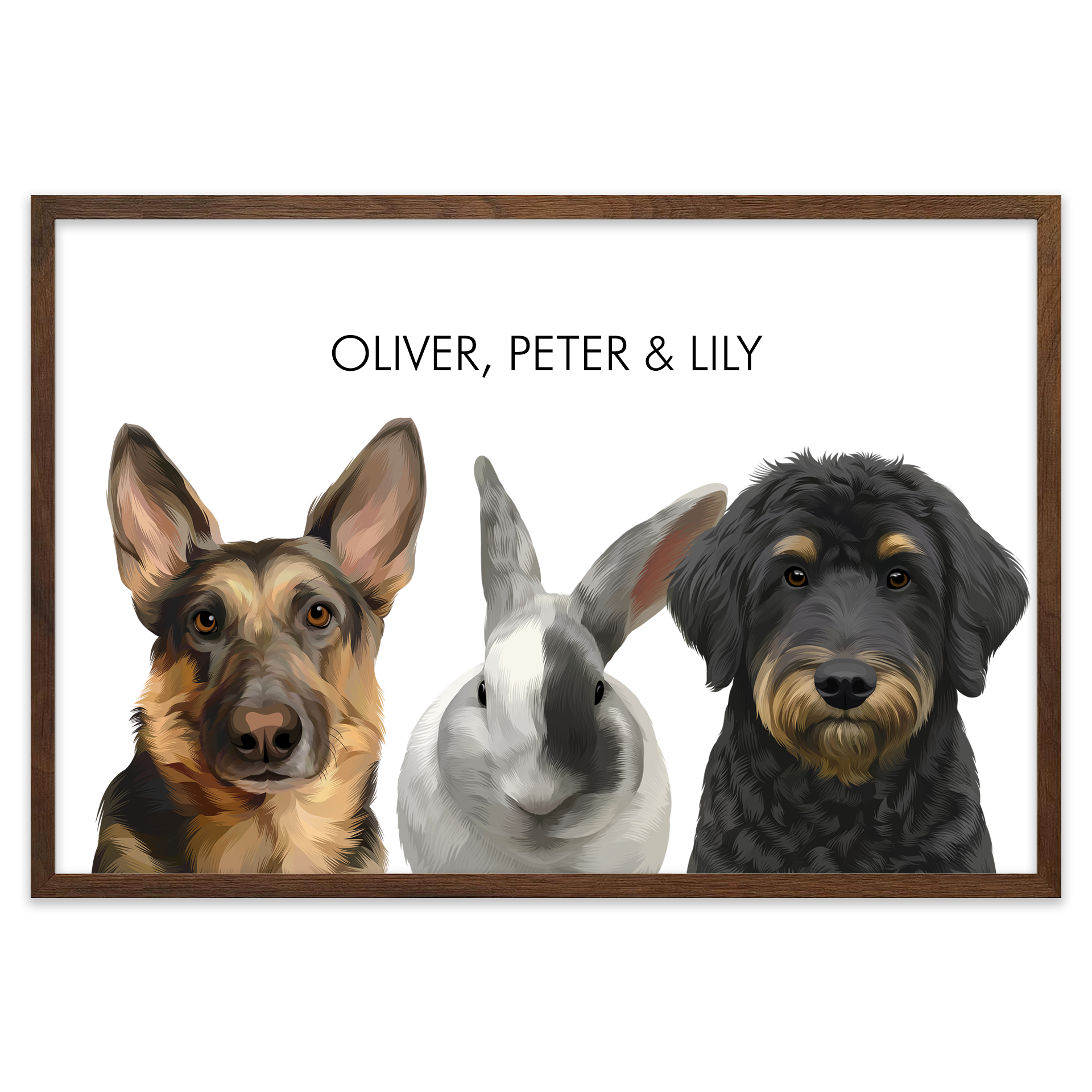 Walnut wood framed 3 pet portrait featuring a German Shepherd dog, rabbit, and black doodle dog with painted artwork on white.