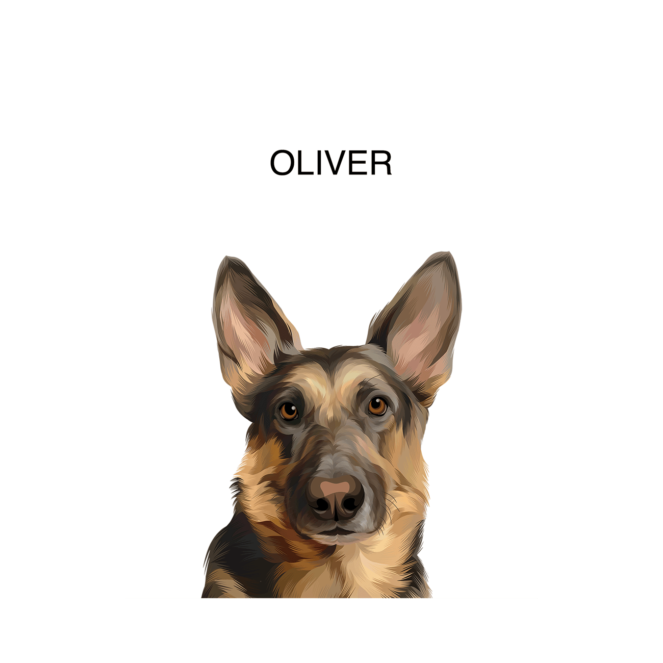 Unframed vertical pet portrait of a German Shepherd named Oliver, printed on archival-quality paper for flexible home display.
