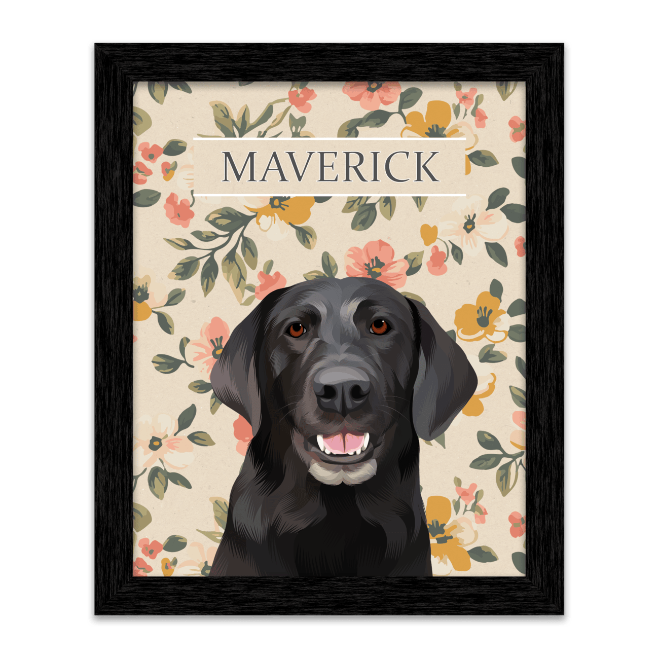 Vintage-style custom pet portrait of a black dog named Maverick , featuring a hand-illustrated floral background with a black frame.