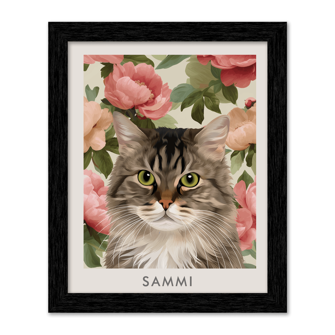 Vertical black framed vintage blush pink peonies pet portrait of tabby cat Sammi with green eyes, surrounded by soft blooming florals.