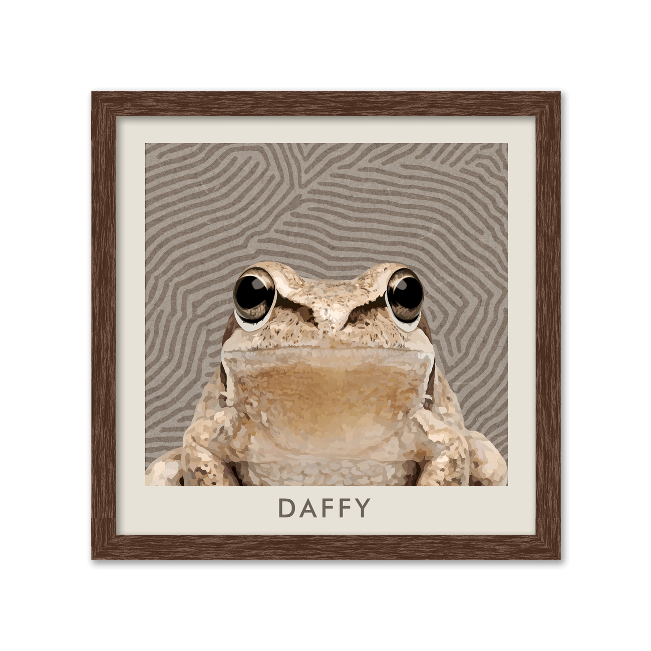 Warm walnut framing brings depth to this Organic Terrain Lines Minimalist Pet Portrait, where a detailed frog is set against organic terrain lines and neutral tones.