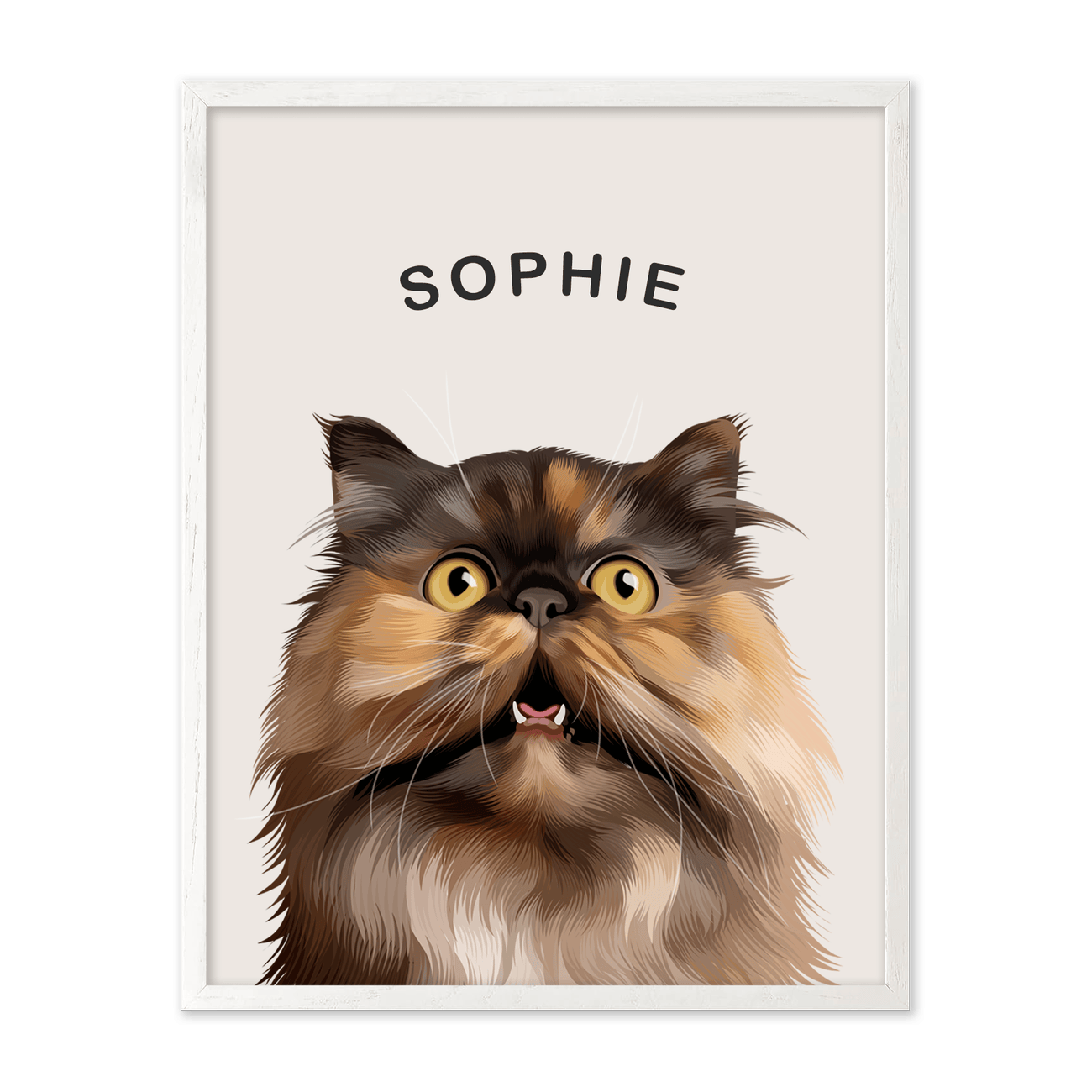 A white oak frame surrounds this charming cat portrait of Sophie, offering a Personalized Modern Minimalist Pet Portrait with natural tones and a clean look.
