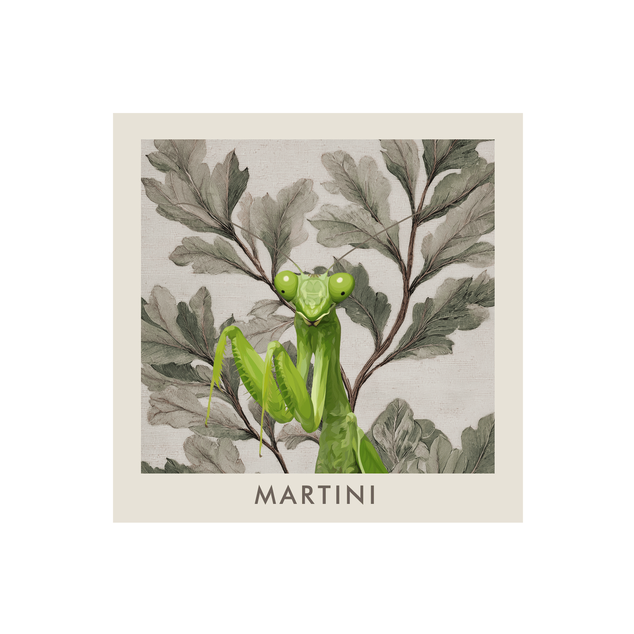 Vintage botanical pet portrait print of a green praying mantis named Martini set against soft illustrated leaves.