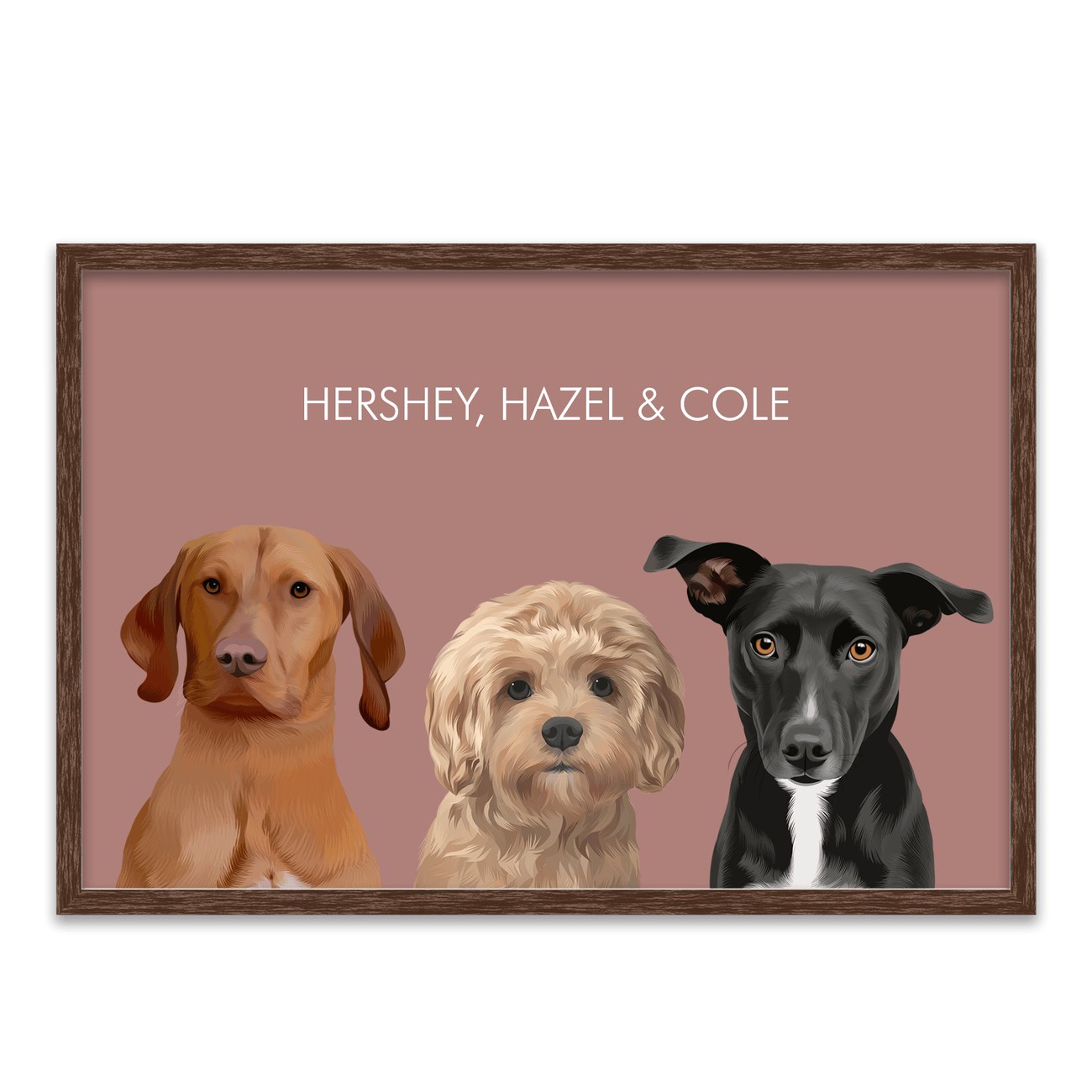 Warm walnut frame paired with a Soft Neutral Colored Background Pet Portrait in a soft red tone, giving the three pet illustration a rich and timeless feel.