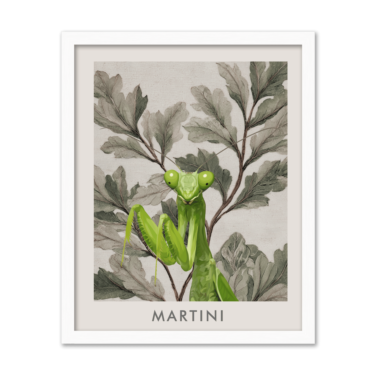 Detailed praying mantis illustration on soft botanical foliage background, Martini name, light white oak frame.