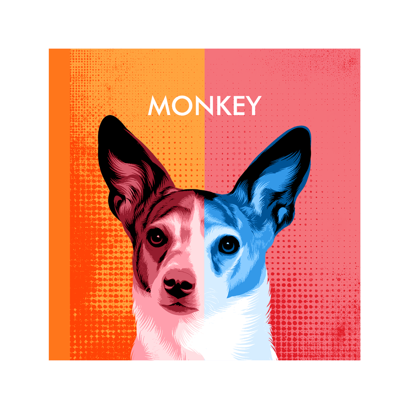 A lively two toned pet portrait bursting with modern pop art energy, transforming your favorite photo of your pet into a colorful statement print.