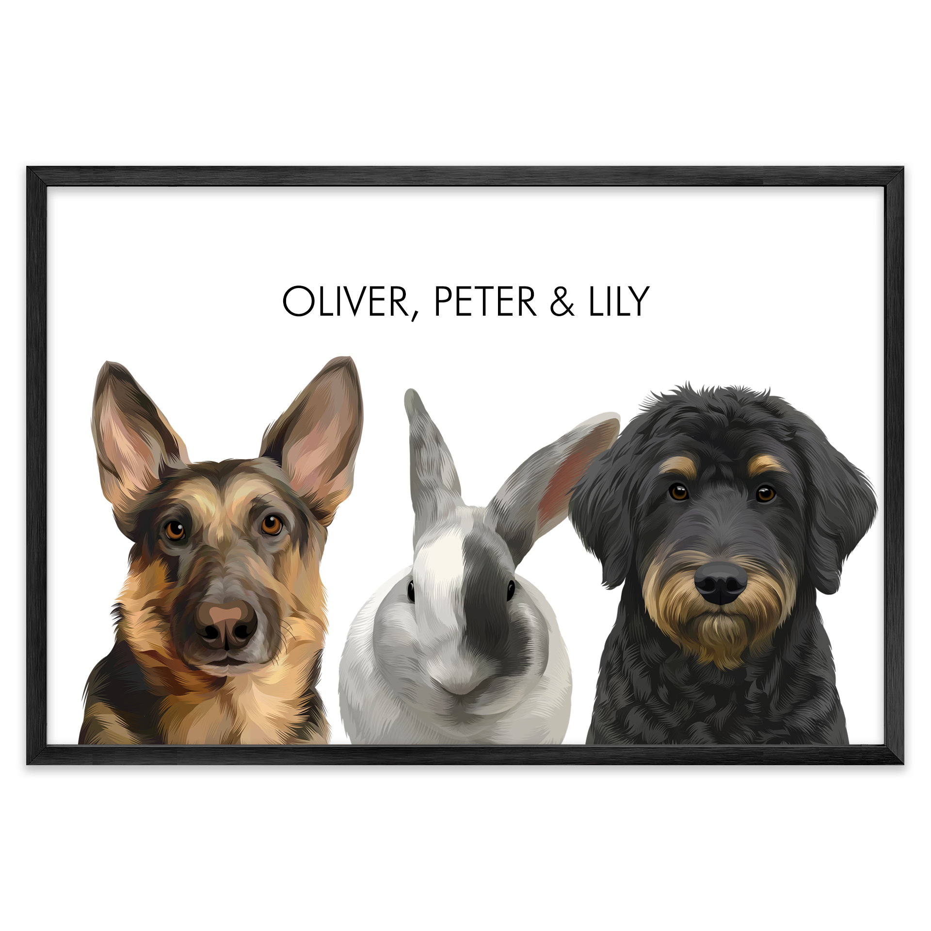 Contemporary 3 pet artwork featuring a German Shepherd dog, rabbit, and black doodle dog displayed in a metal frame on white.