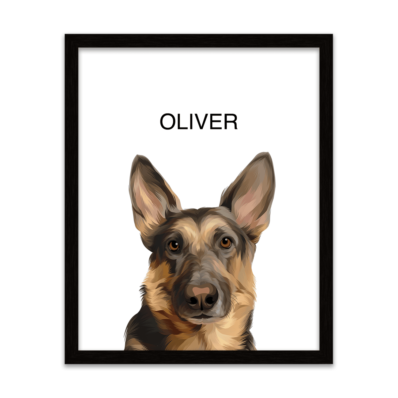 Framed pet portrait artwork of a German Shepherd dog named Oliver on a white background, placed in a metal frame.