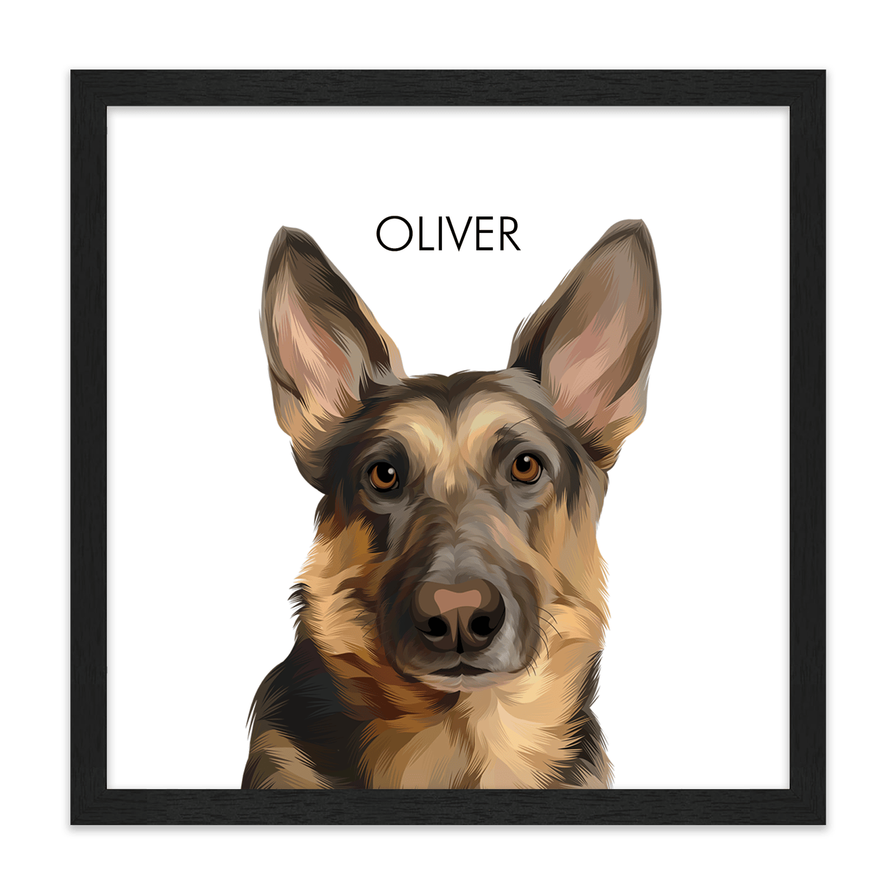 Personalized German Shepherd portrait in a standard black frame with a balanced square composition and timeless styling.
