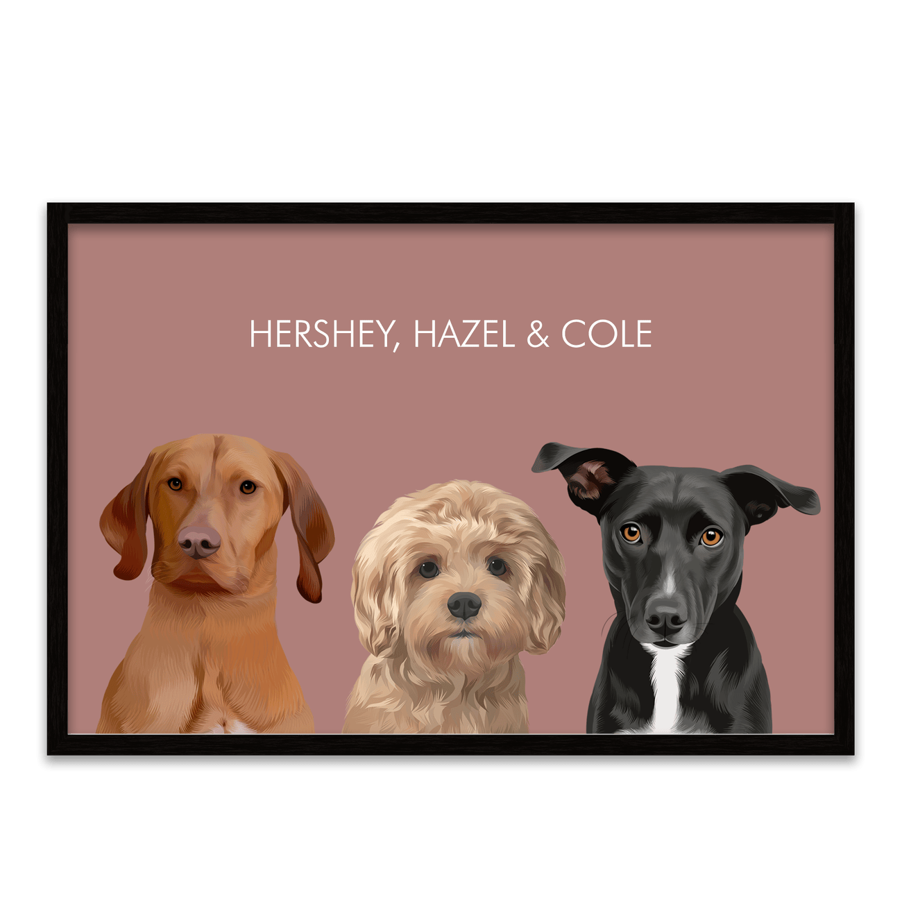 Soft Neutral Colored Background Pet Portrait with a soft red backdrop and metal frame, showcasing three pets in a clean, contemporary horizontal layout.