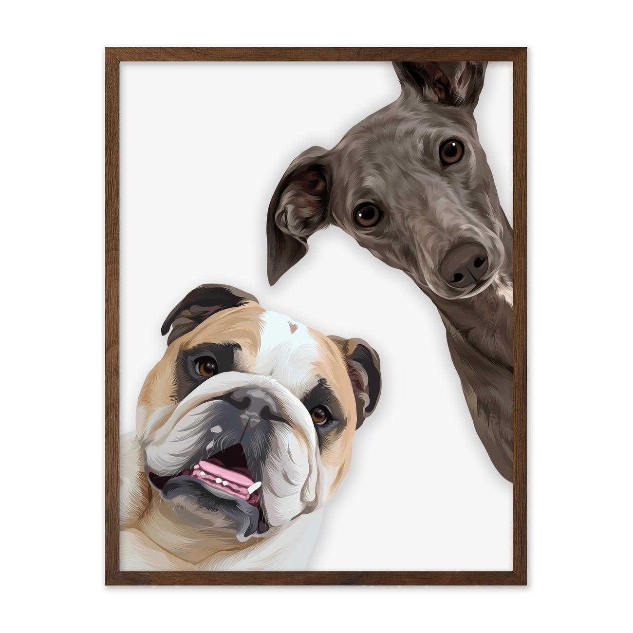 Walnut framed playful peekaboo custom pet portrait of two dogs with expressive faces and a clean contemporary illustrated aesthetic.