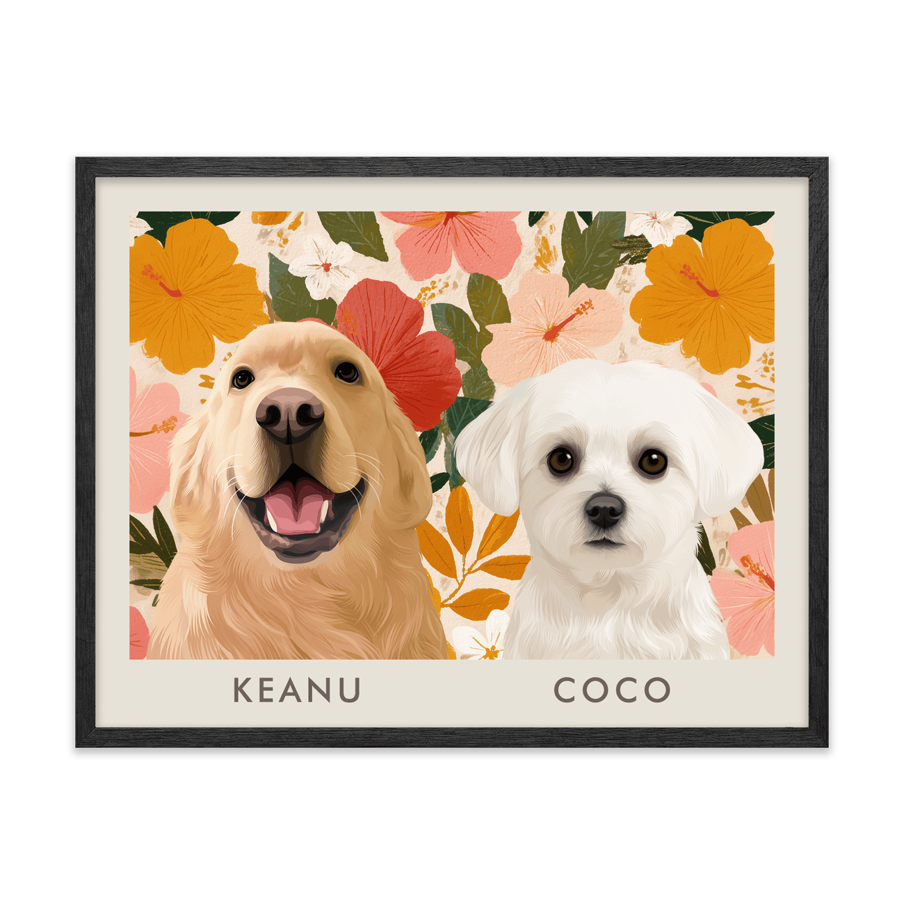 2petportrait-horizontal-goldenhawaiinhibiscussunset_Black-Oak-Frame.png