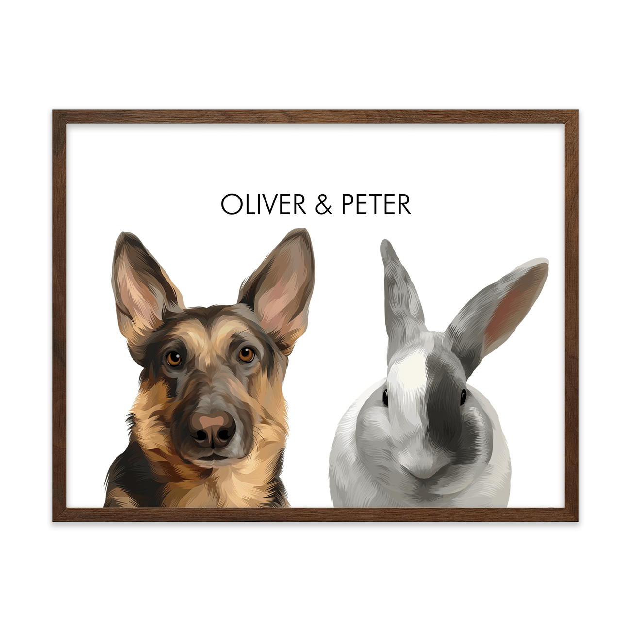 Walnut framed 2 pet portrait featuring a German Shepherd dog and rabbit with soft painted details on a plain white background.