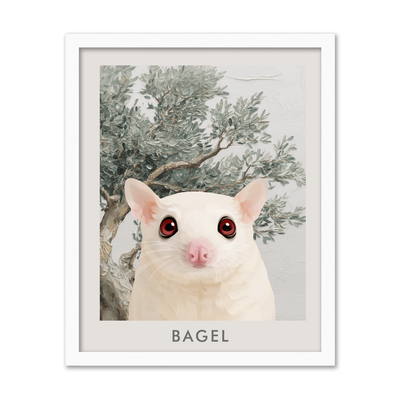 Vertical custom pet portrait from your pet framed in white oak with light organic tones and a peaceful Mediterranean olive tree setting.