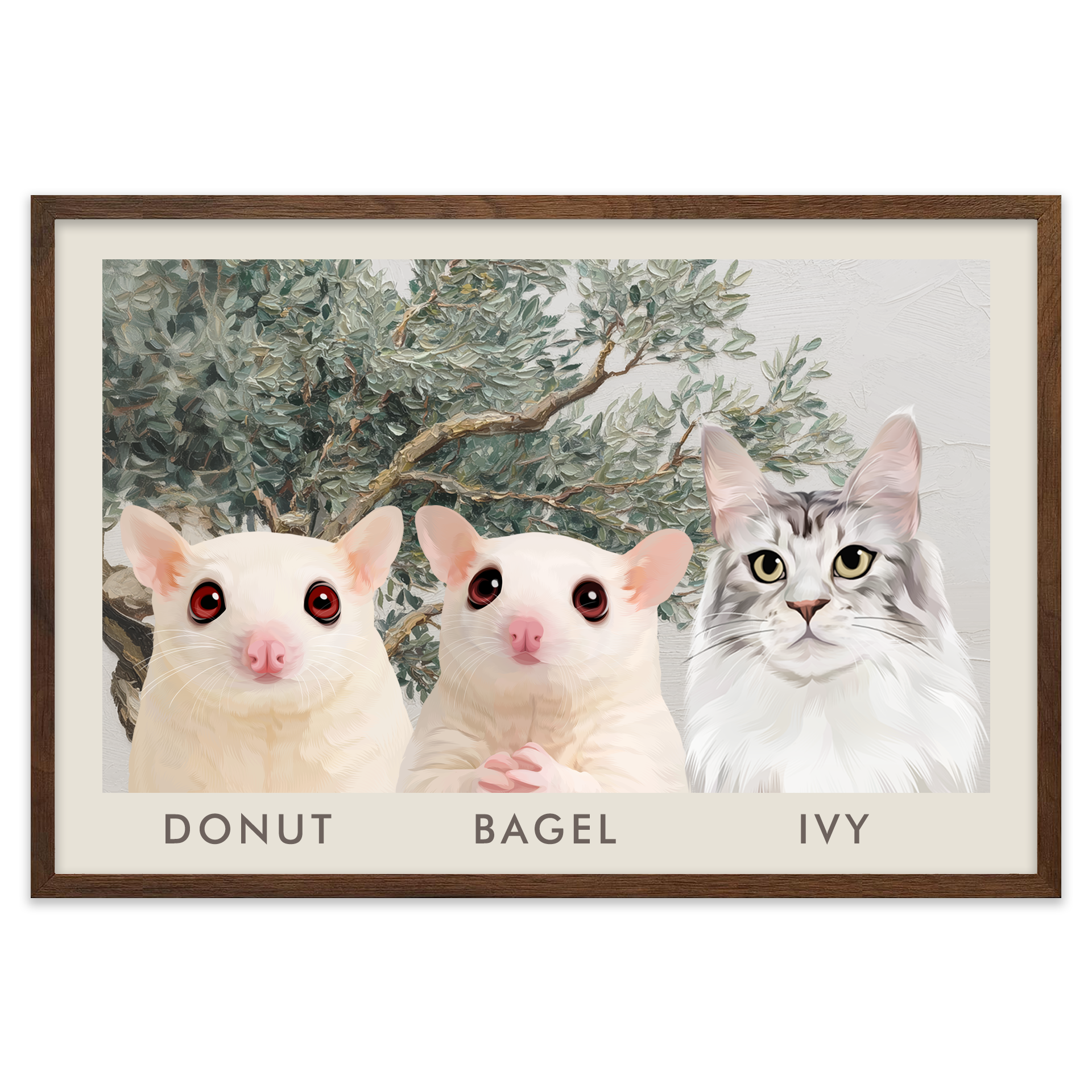3petportrait-horizontal-mediterraneanolivetreebranch_Walnut-Frame.png