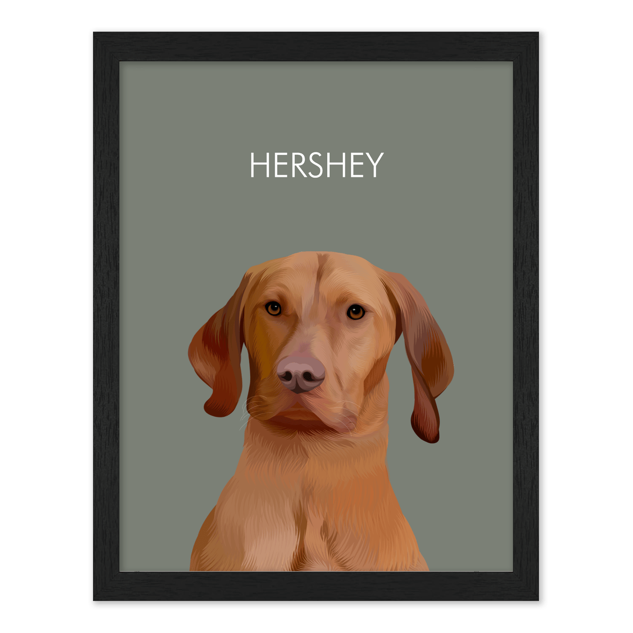 Framed pet portrait artwork of a Vizsla dog named Hershey on a neutral green colored background, framed in a black frame.