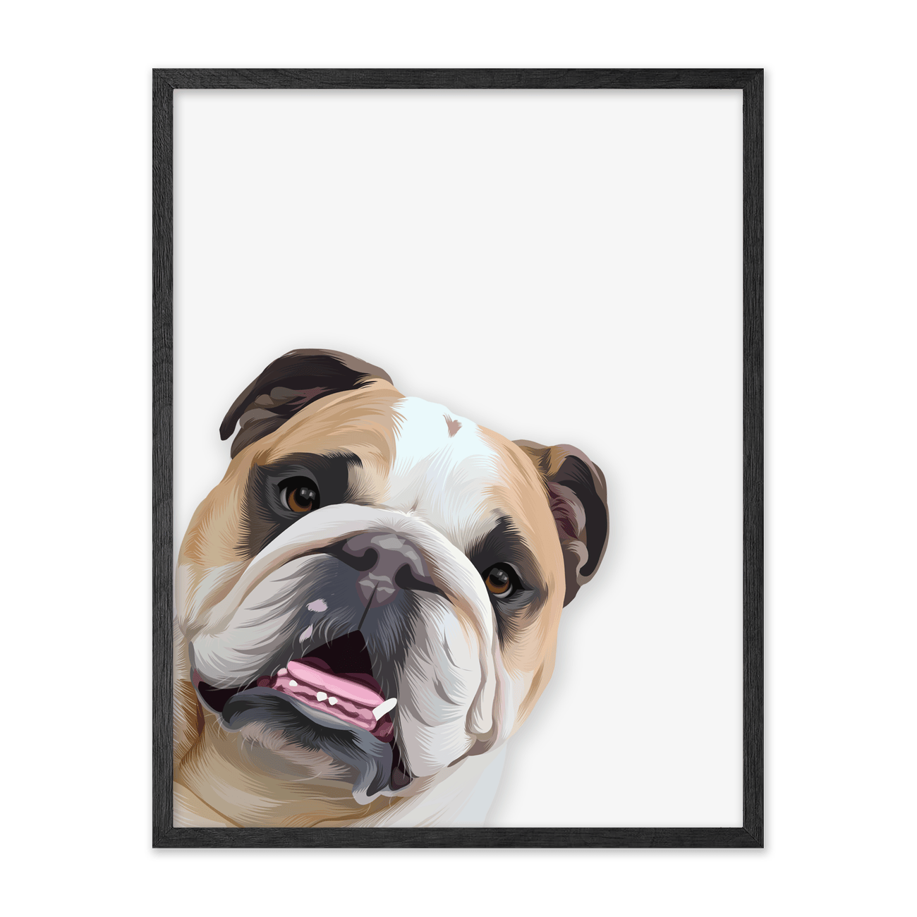 A vertical playful peekaboo Bulldog portrait with a cheerful expression and contemporary illustrated pet portrait styling in a metal frame.
