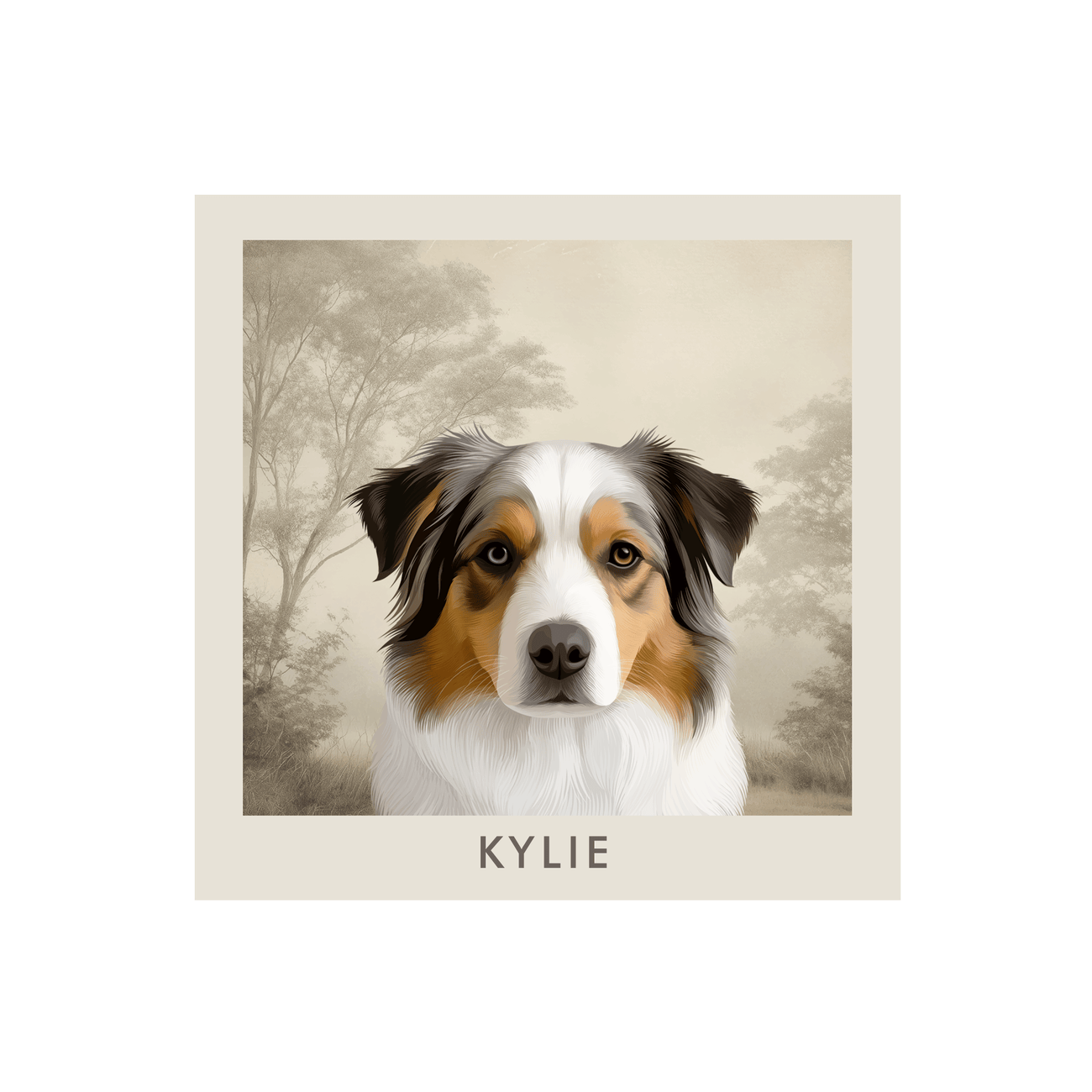 Vintage countryside pet portrait featuring an Australian Shepherd with warm, misty trees and soft tones, unframed for flexible display.