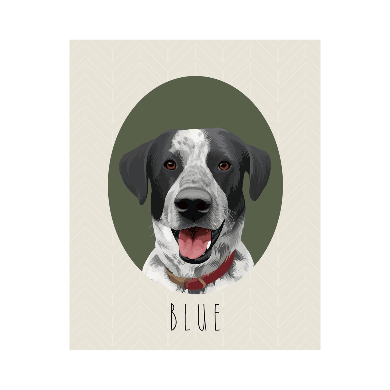 Hand-illustrated pet portrait of a dog named Blue, set against an oval-shaped green background and printed on enhanced matte paper.