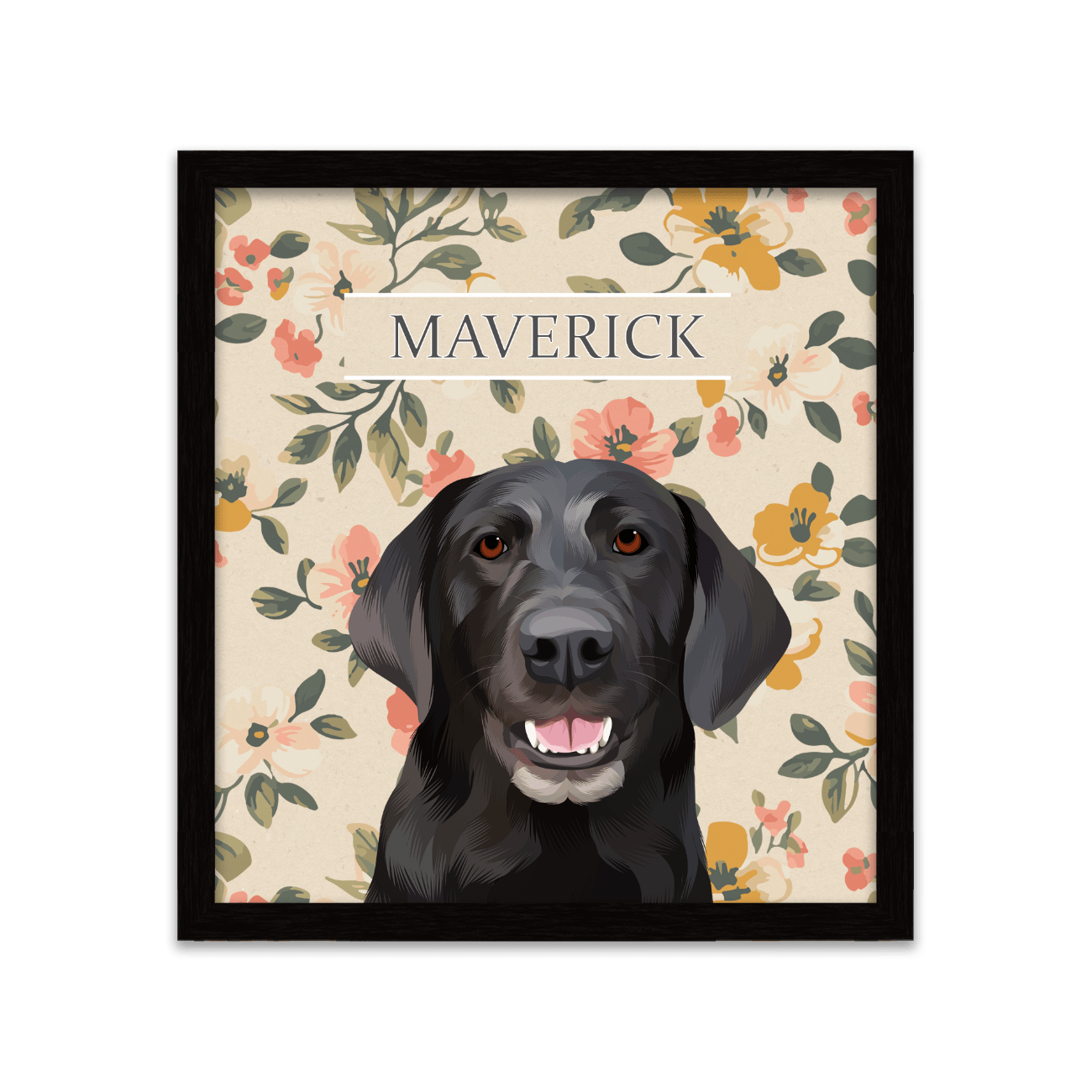 Vintage-style custom pet portrait of a black dog named Maverick , featuring a hand-illustrated floral background with a metal square frame.