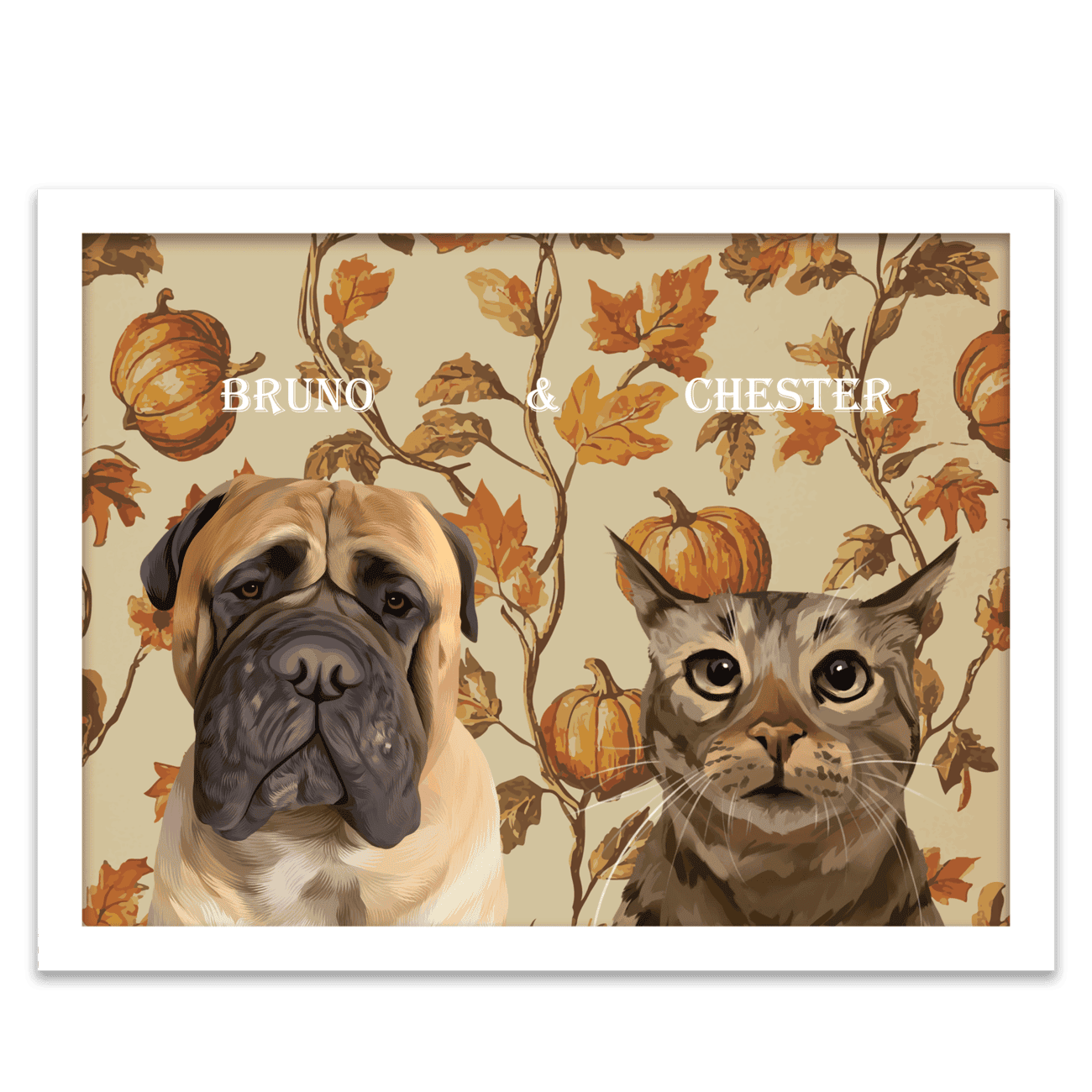Fall-themed custom pet portrait of a large dog named Bruno and a cat named Chester, illustrated with a rustic pumpkin and autumn leaf pattern on a beige background, framed in a white frame.