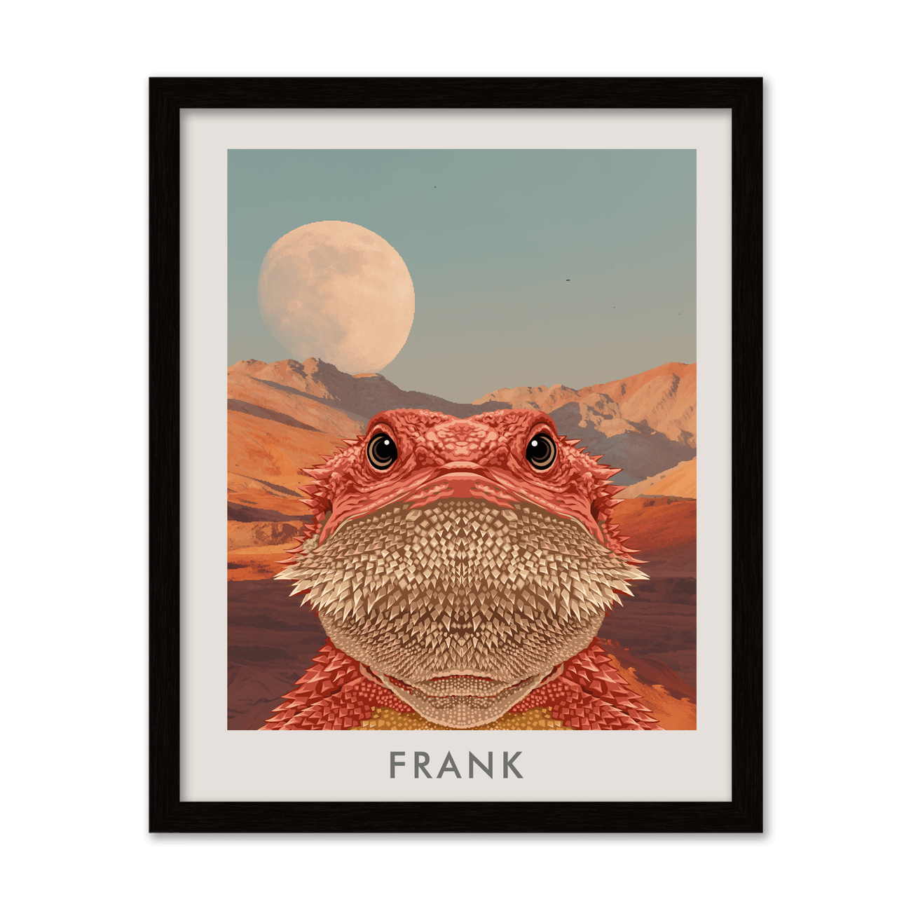 Custom bearded dragon art of Frank with desert mountains and moon in a modern metal frame.