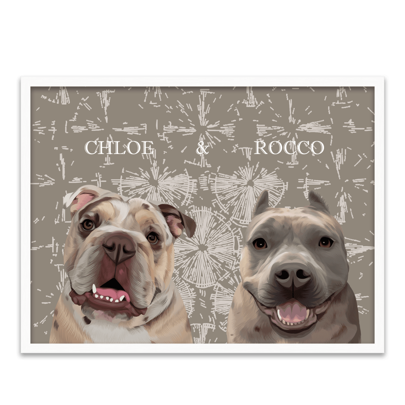 Boho themed pet portrait of a bulldog named Chloe and a pitbull named Rocco, hand-illustrated with a modern dandelion-inspired background and white oak wood frame.