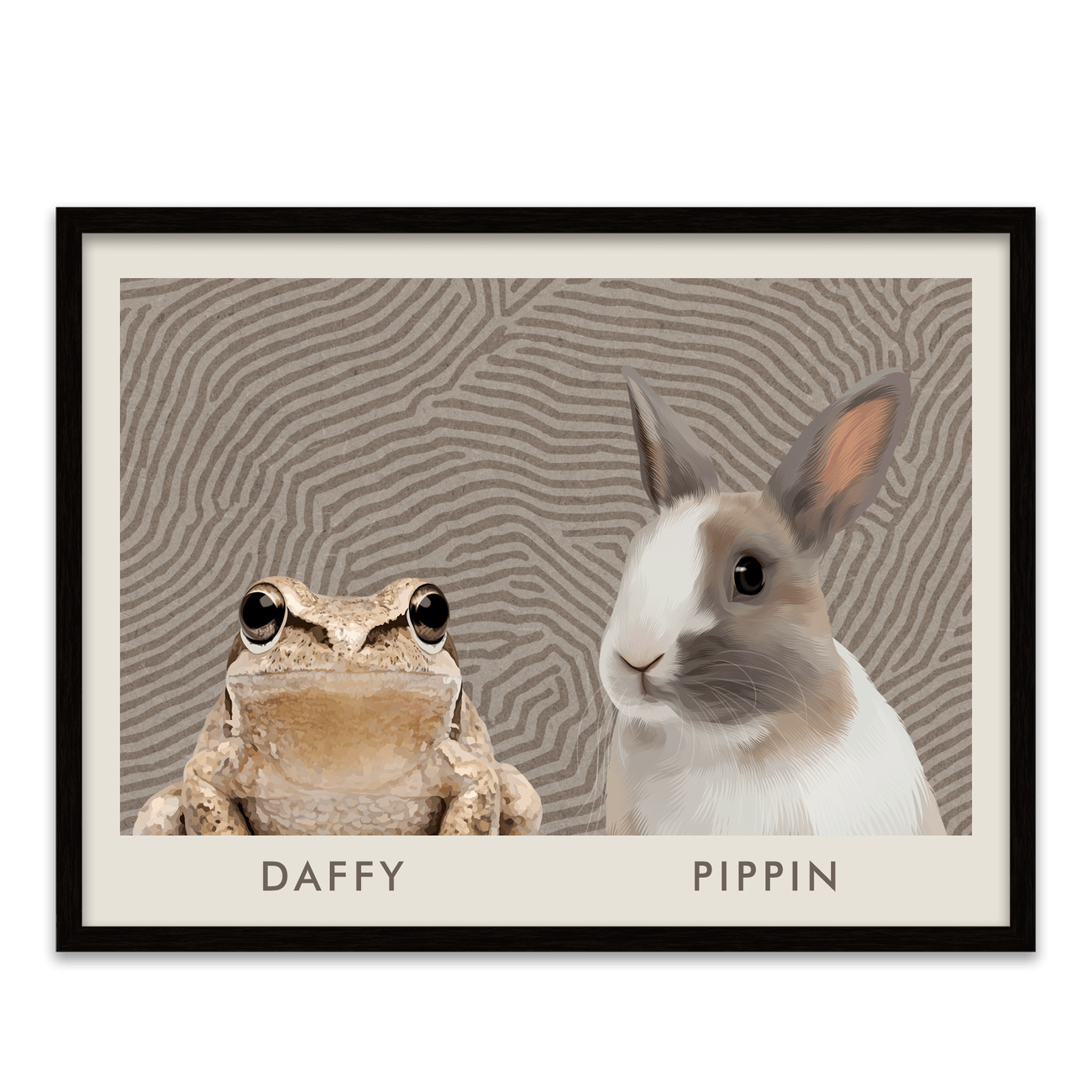 Set against soft contour line patterns, this Organic Terrain Lines Minimalist Pet Portrait showcases a frog and rabbit duo in a calm horizontal layout with a sleek metal frame.