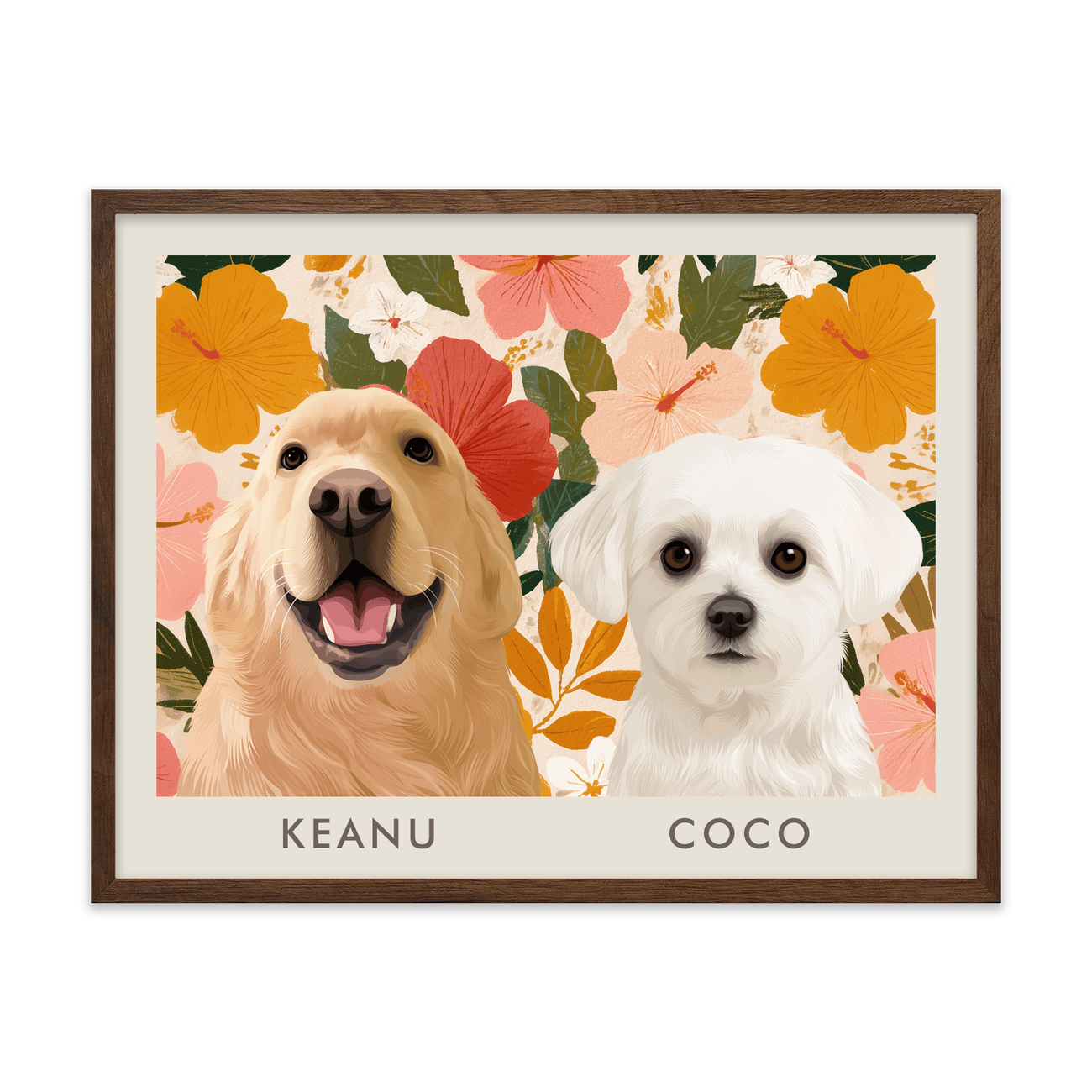 2petportrait-horizontal-goldenhawaiinhibiscussunset_Walnut-Frame.png