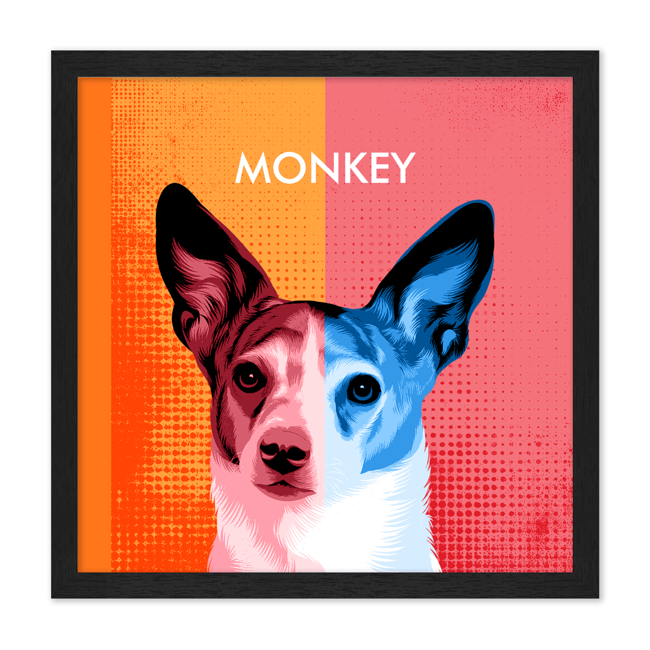 Celebrate your pet’s personality with a two toned modern pop art pet portrait featuring vivid colors, striking contrast, and a timeless standard black frame.