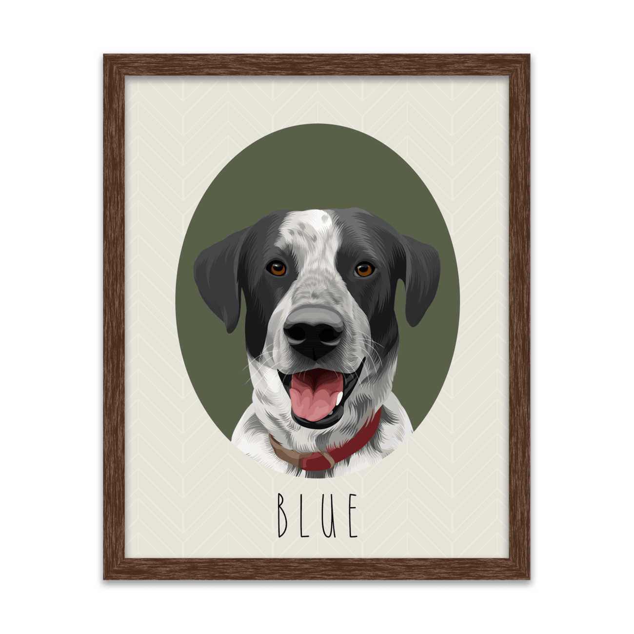 Hand-illustrated pet portrait of a dog named Blue, set against an oval-shaped green background and placed in a dark walnut frame.